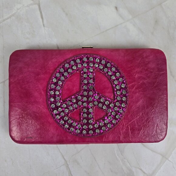 Bright Pink Hardside Wallet Crystal Peace Sign ID/Credit Card Slots Zip Pocket - Picture 1 of 12